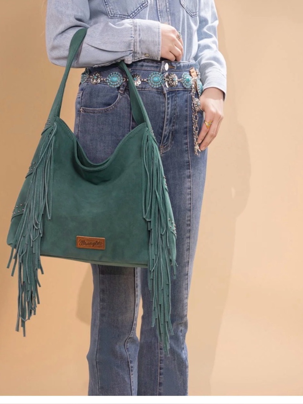 Wrangler Shiloh Fringe Studded Hobo Bag